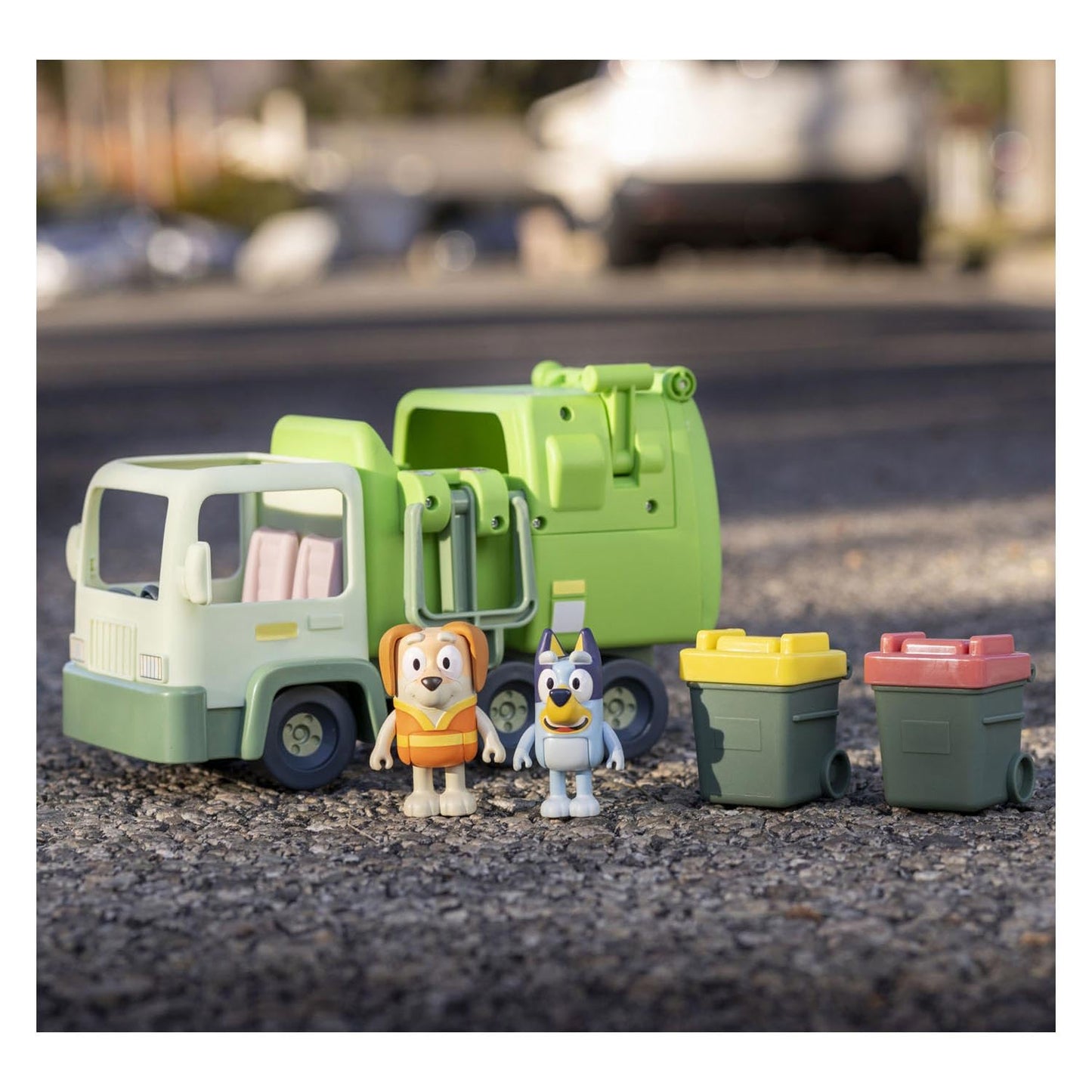 Bluey Garbage Truck Vehicle Playset With Two 2.5"-3" Official Collectable Character Action Figures With The Bin Man And 2 Rubbish Bin Accessories