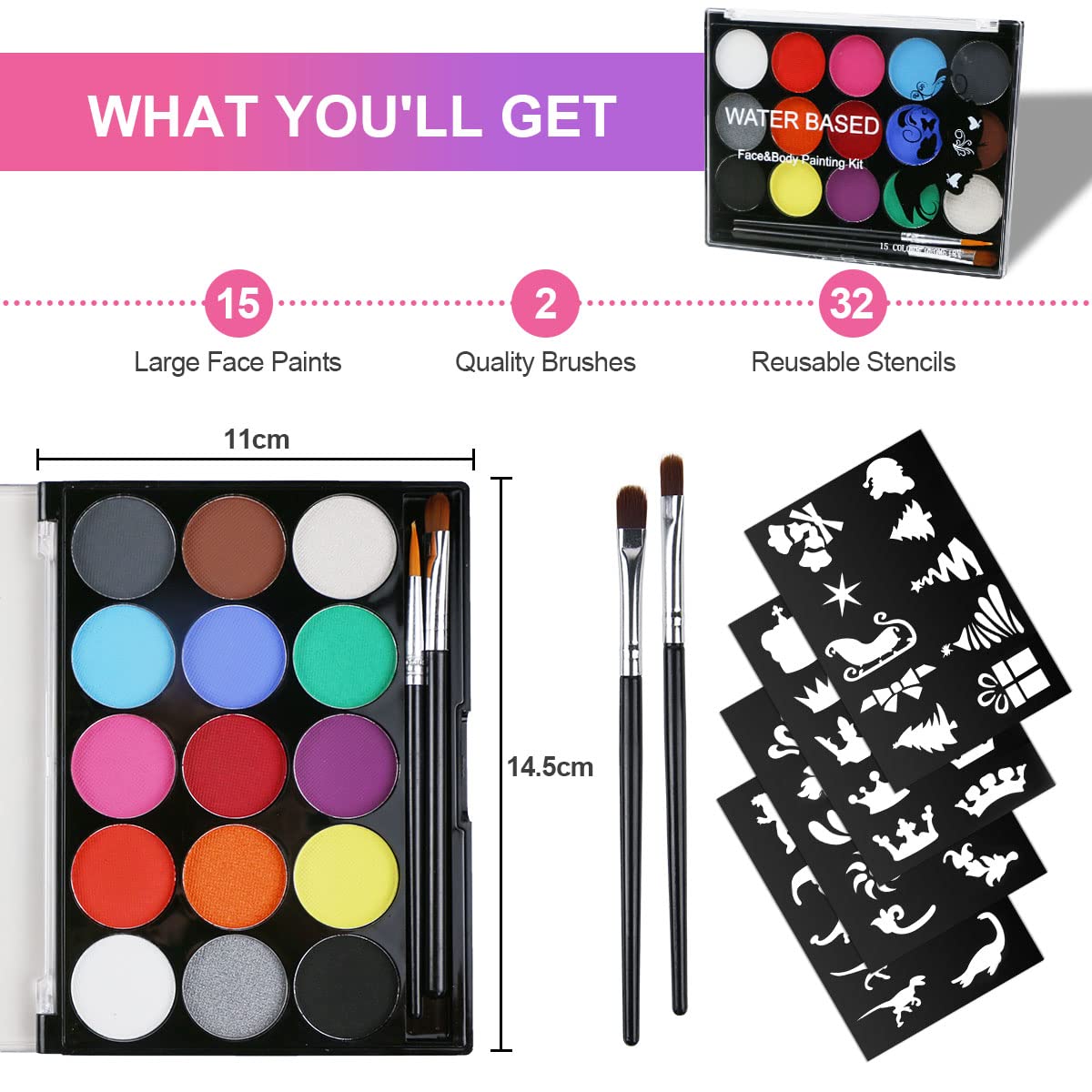 URAQT Face Paint Kit, 15 Color Face Painting Palette with 2 Brushes 32 Stencils, Washable Face Paints Safe Body Paint for Adults Kids Halloween Party Carnival, Makeup Paint Non-Toxic to Use