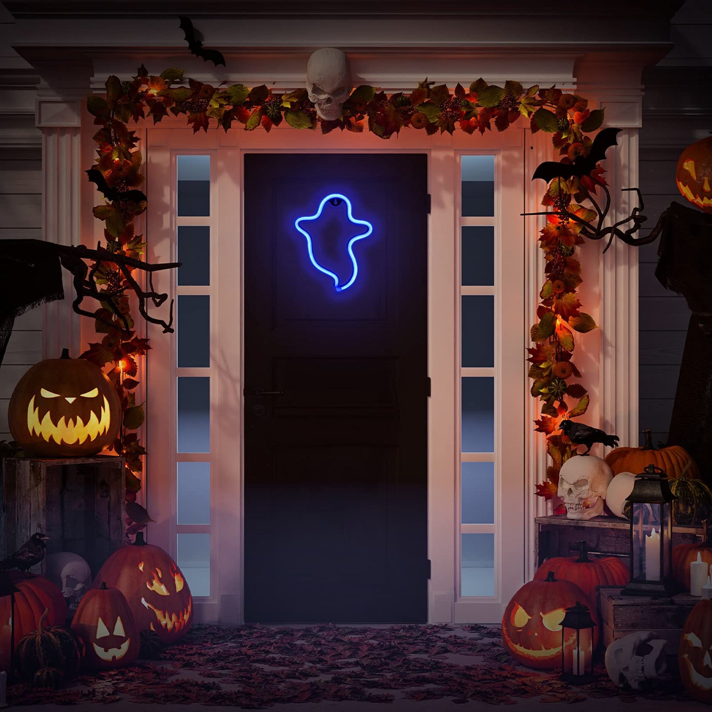 Neon Ghost Sign LED Neon Light Halloween Decoration Ghost Indoor Night Light with Battery or USB Power for Bedroom Birthday Party Wedding Blue