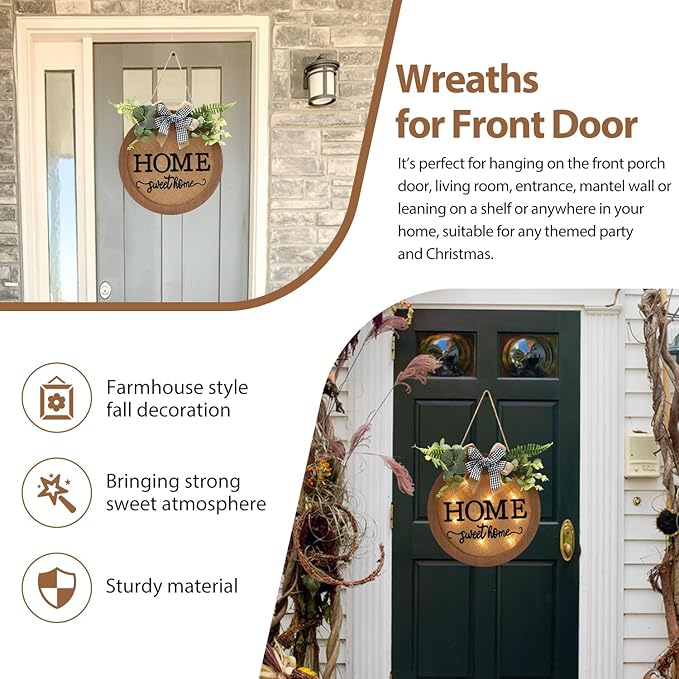 HOMCDALY Welcome Sign for Front Door, Door Wreaths for Front Door Outside, Farmhouse Welcome Wooden Door Hanger, Rustic Wall Door Sign, Seasonal Home Decorations (F-Brown)