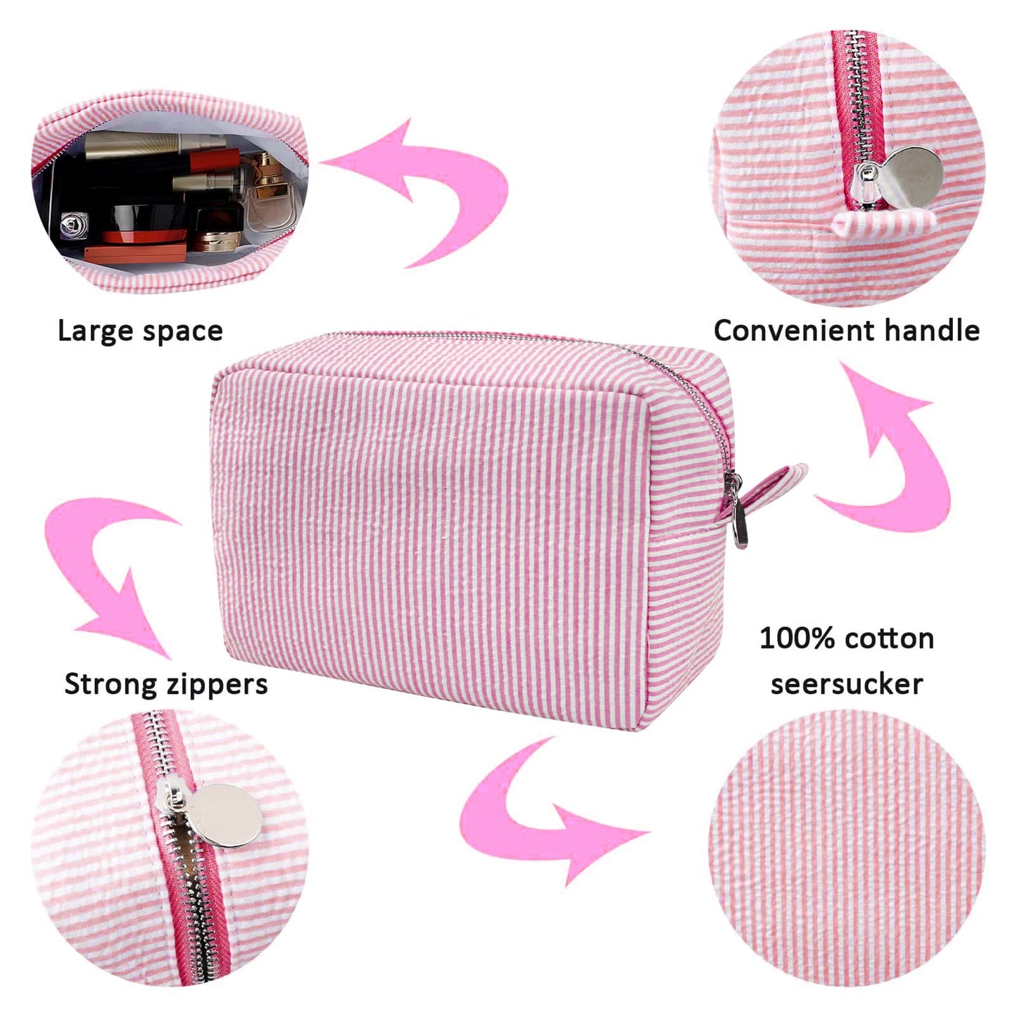 GFU Cosmetic Bag for Women, Large Makeup Bag, Travel Toiletry Stripe Cosmetic Bag, Seersucker Women Aesthetic Organizer Storage Pouch, Girls Handbags Purses (Pink)