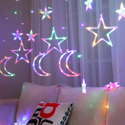 ALFEUND 138 Led Curtain String Light Star Moon Icicle Light with 8 Lighting Modes with Timer Remote USB Operated Dimmable Fairy String for Window Wall Home Decoration