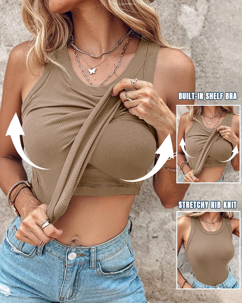 CHICME Tank Tops with Built in Bras Athletic Tank Tops for Women Ribbed Tank Top Running Tops Khaki-M