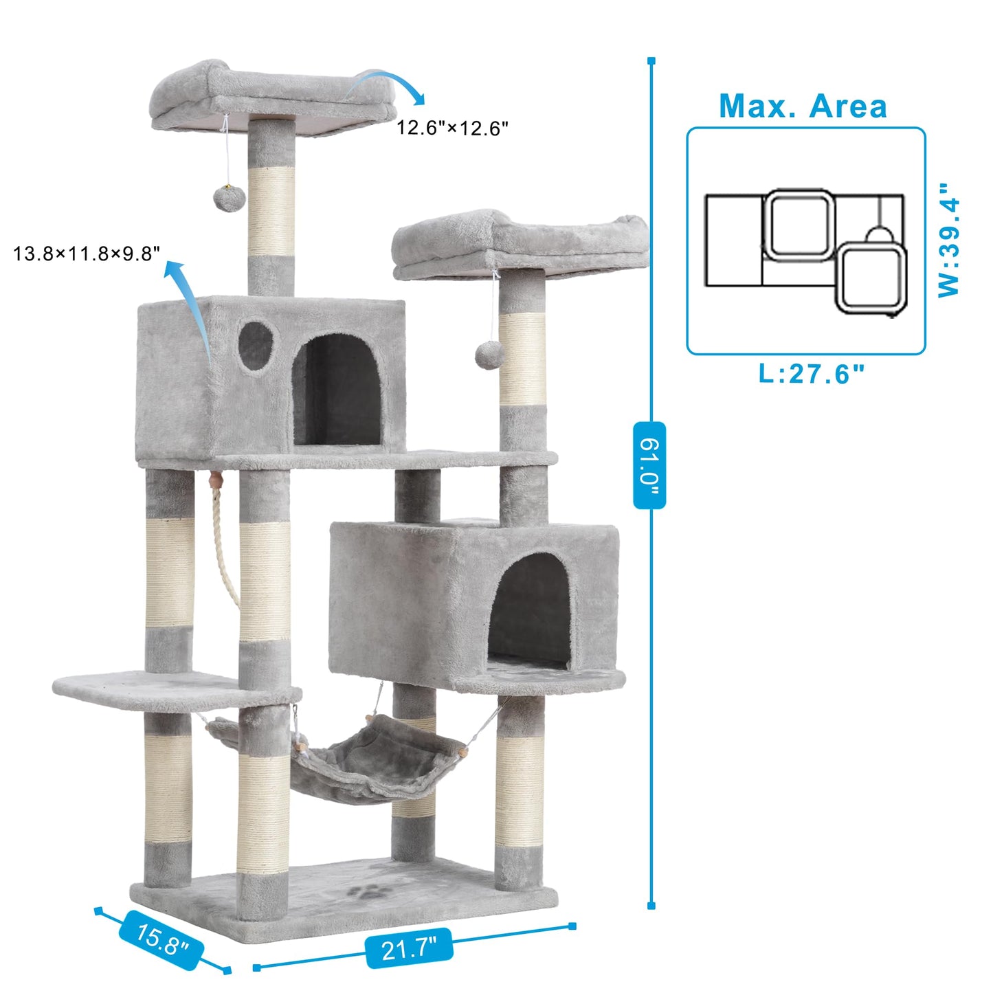 Hey-brother Large Multi-Level Cat Tree Condo Furniture with Sisal-Covered Scratching Posts, 2 Bigger Plush Condos, Perch Hammock for Kittens, Cats and Pets Light Gray MPJ020W
