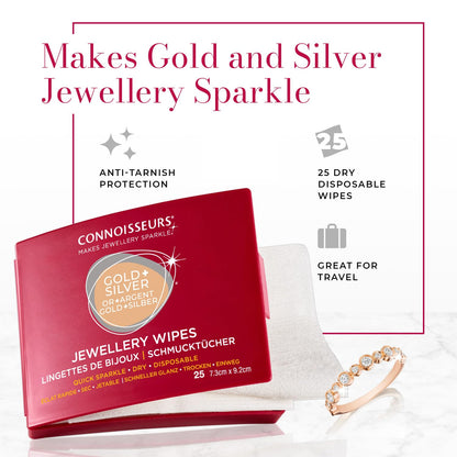Connoisseurs Jewellery Wipes | 25 Jewellery Cleaning Wipes for Gold & Silver Jewelery | Anti-Tarnish Protective Shield | Dry, Disposable