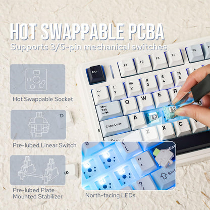 EPOMAKER AULA F75 Wireless Mechanical Gaming Keyboard, 75% Layout with Knob, Creamy Gasekt-Mount with Sound-Dampening, RGB, Hot-Swap, Bluetooth/2.4Ghz (Light Blue, Ice Vein Switch)