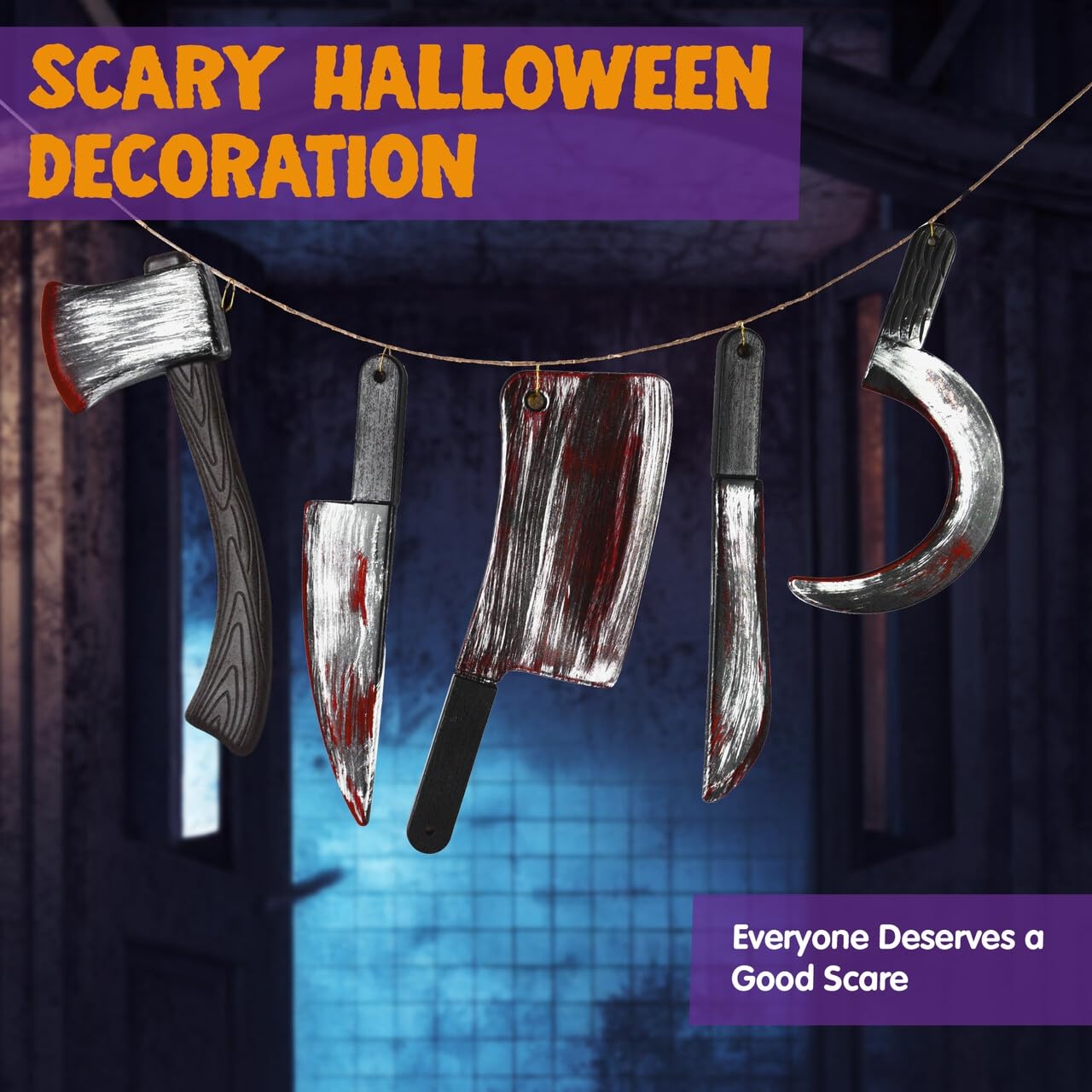 JOYIN 5 Pcs Hanging Halloween Bloody Knife Decorations Indoor, Fake Knife Prop Plastic Fake Knives Weapon Prop, Party Decor Haunted House Fake Blood, Machete Axe Cleaver Sickle for Scary Yard Porch