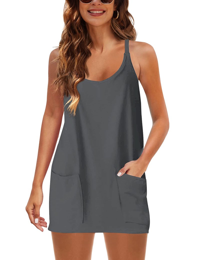 Lentta Womens Athletic Sleeveless Mini Dress with Built-in Shorts V Neck Spaghetti Strap Sundress(Darkgrey-L)