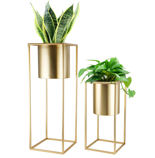 TRIROCKS Set of 2 Large Planters with Stand Gold Planter for Indoor Plants 28 &18" H Morden Plant Pots for Living Room Corner Kitchen Office Garden Balcony Patio Decor(Gold)
