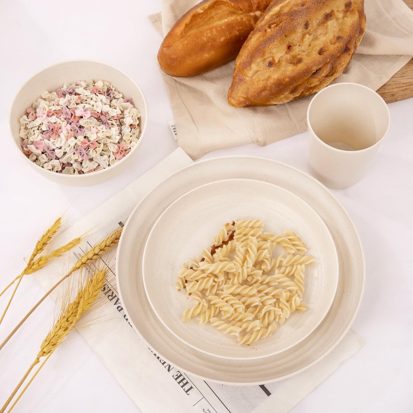 LIYH 32 Pcs Beige Wheat Straw Dinnerware Set for 8, Plastic Plates and Bowls Set, Unbreakable Dishes Set for 8, Dishwasher & Microwave Safe Reusable