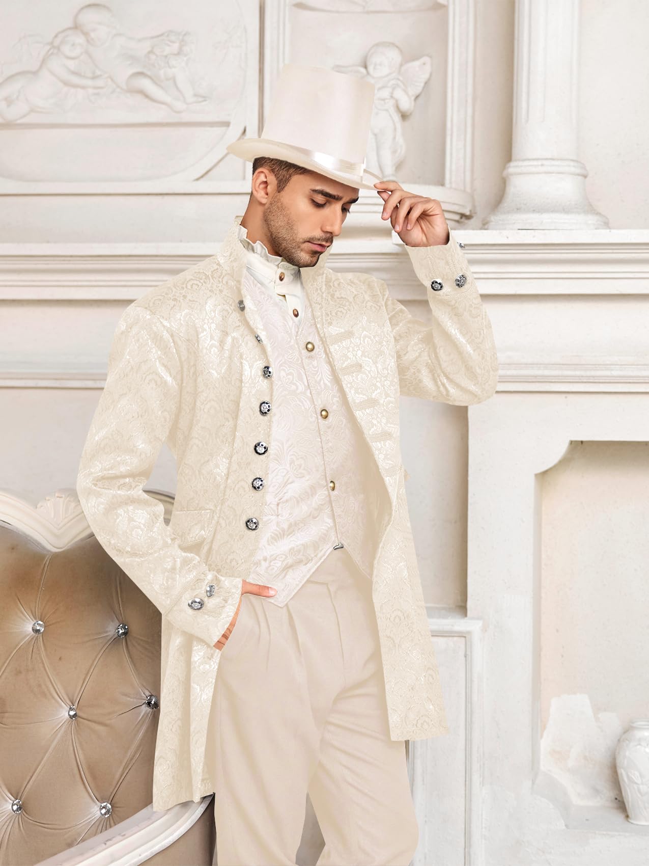 Mens Steampunk Medieval Jacket Pirate Viking Renaissance Costume Formal Tailcoat Gothic Victorian Halloween Tuxedo Coats Beige