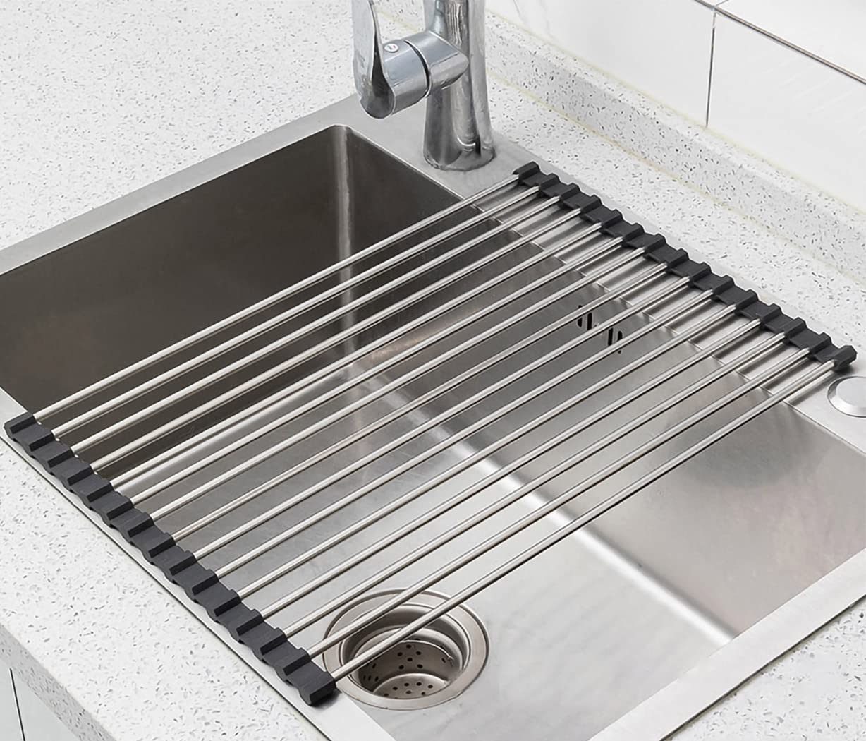 Ahyuan Black Stainless Steel Over-Sink Dish Drying Rack Roll-Up, Multipurpose Kitchen Dish Rack, Portable Rolling Dish Drainer for Kitchen Sink, RV Accessories (17.7''X11.2'')