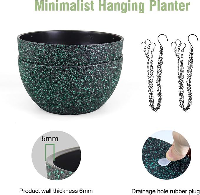 10 inch Hanging Planters for Indoor Outdoor Plants, 2 Pack Hanging Flower Pots with Drainage Holes and Chain for Garden, Plastic Hanging Baskets for House Plants, Black with Green Speckles