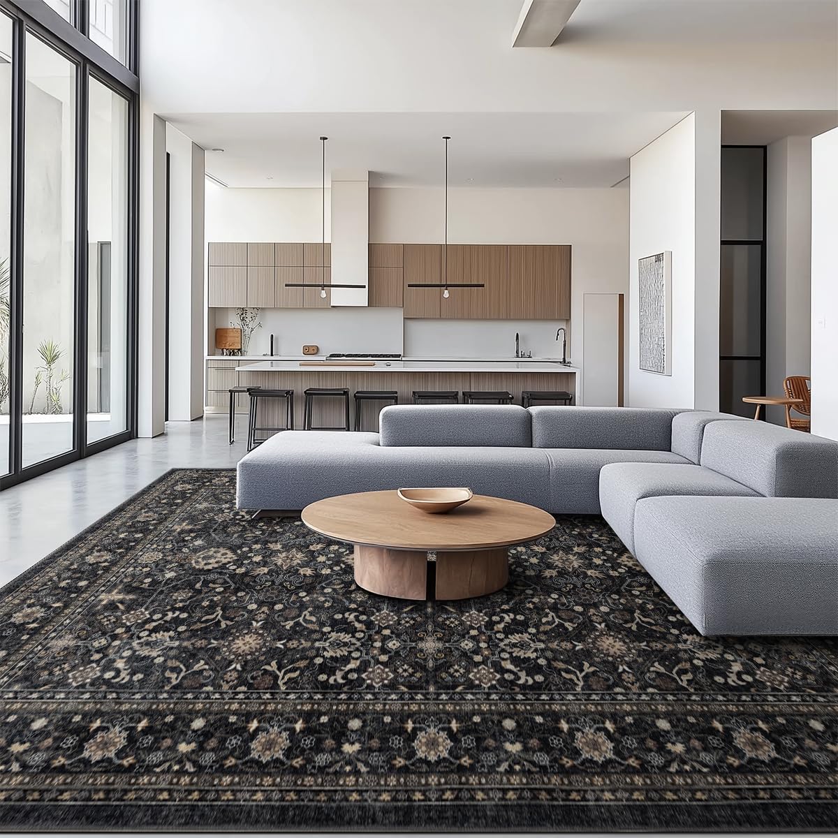 Ruaruarug Washable Area Rug 10x14 for Living Room, Bedroom, Ultra Soft Non Slip Stain & Fade Resistant, Pet & Kids Friendly, Suitable for High Traffic Areas Easy to Clean for Kitchen, Black Grey