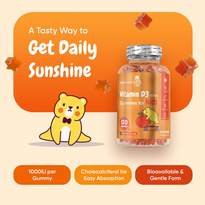 Vitamin D for Kids 1000IU | 120 Tasty Gummies | 4 Months Supply | Natural Orange Flavour | 1 per Day | Vegetarian-Friendly, Non-GMO & Gluten-Free | Easy to Chew | Kids Vitamin D Gummies for 3-12 Years