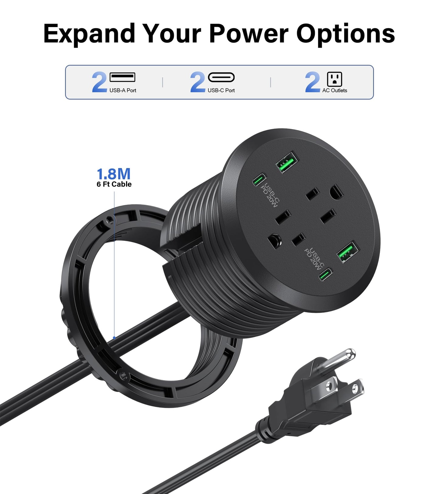Desktop Power Grommet 3-inch Hole,40W Total Fast Charging Station, 2 PD 20W USB C Port,Flush-Mount Recessed Power Strip, 2 AC Outlets,4 USB Ports,in to The Top of Your Desk,6ft Cord