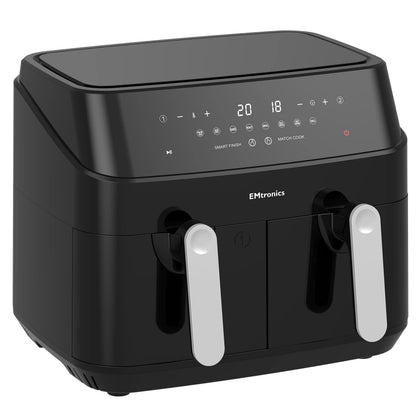 EMtronics EMAFDD9L Dual Air Fryer Extra Large Family Size Double XL 9 Litre with 8 Adjustable Pre-Set Menus for Oil Free & Low Fat Healthy Cooking, Easy Clean Metal Interior, 99-Minute Timer - Black