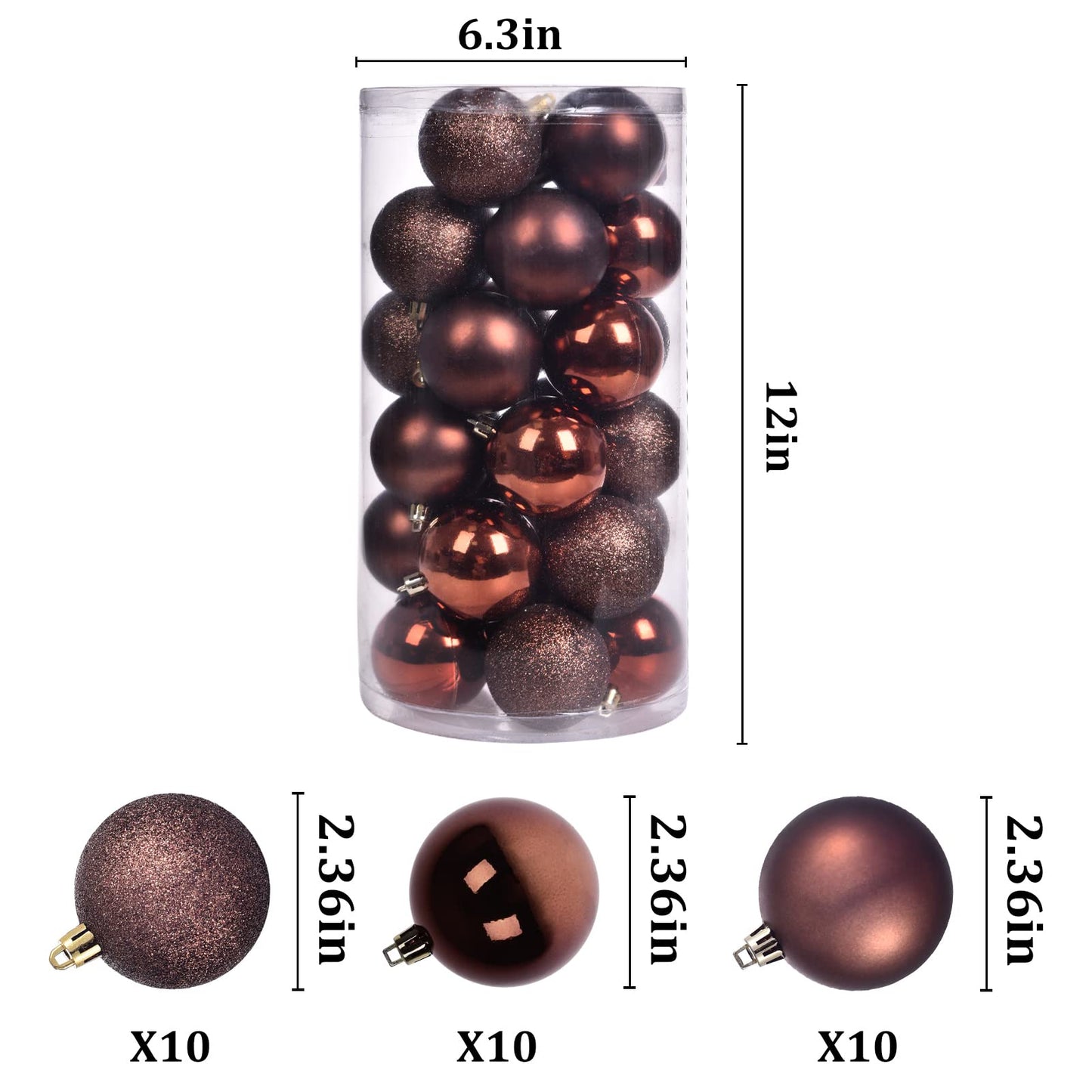 30ct Christmas Ball Ornaments, 2.36" Shatterproof Tree Decorations, Perfect Hanging Ball for Indoor/Outdoor Holiday Christmas Party Decor (Brown)