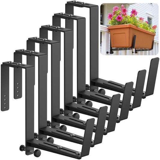 Window Box Brackets, Adjustable Planter Box Brackets, Heavy Duty Iron Flower Box Brackets for Railings, with Enhanced Bottom Support - Perfect for Balconies, Fences, and Gardens (Black, 6 Pack)