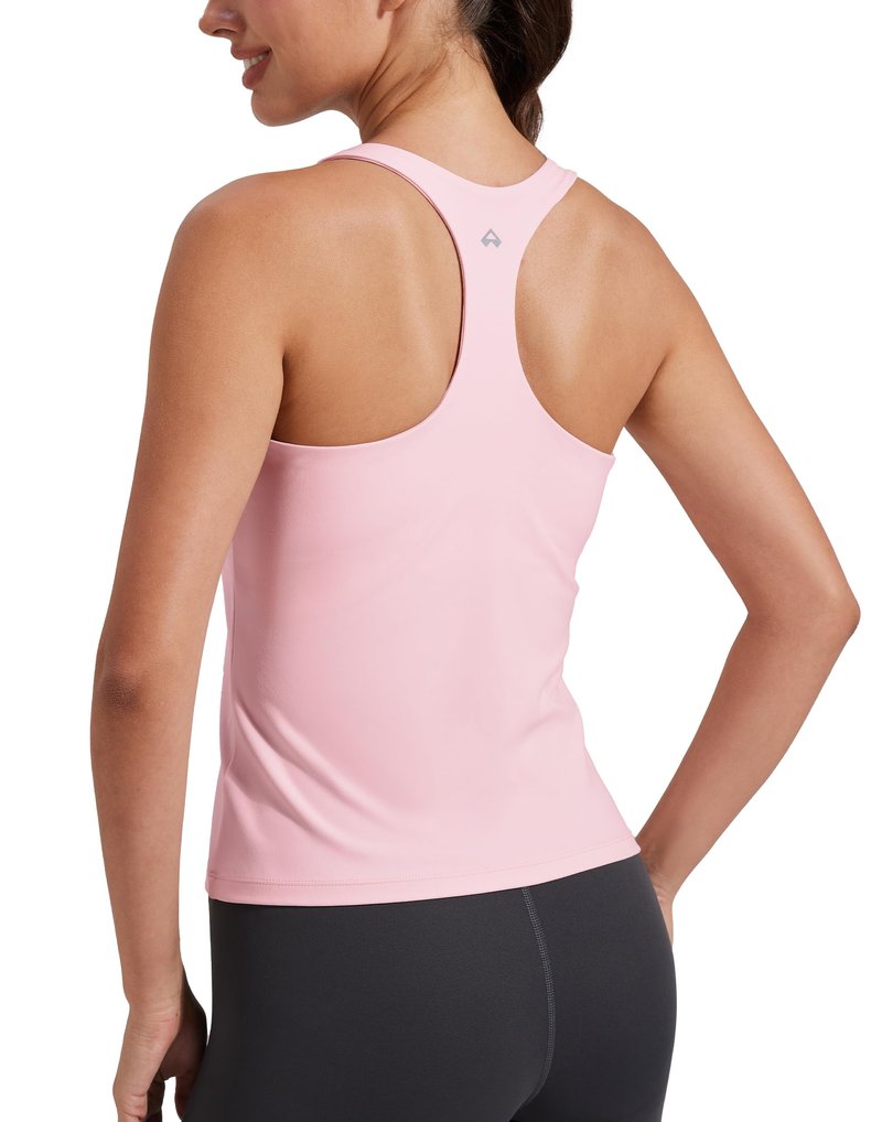 Pioneer Camp Workout Tank Tops for Women with Built in Bra, Sleeveless Gym Tops Seamless Racerback Athletic Yoga Shirts, Pink, L
