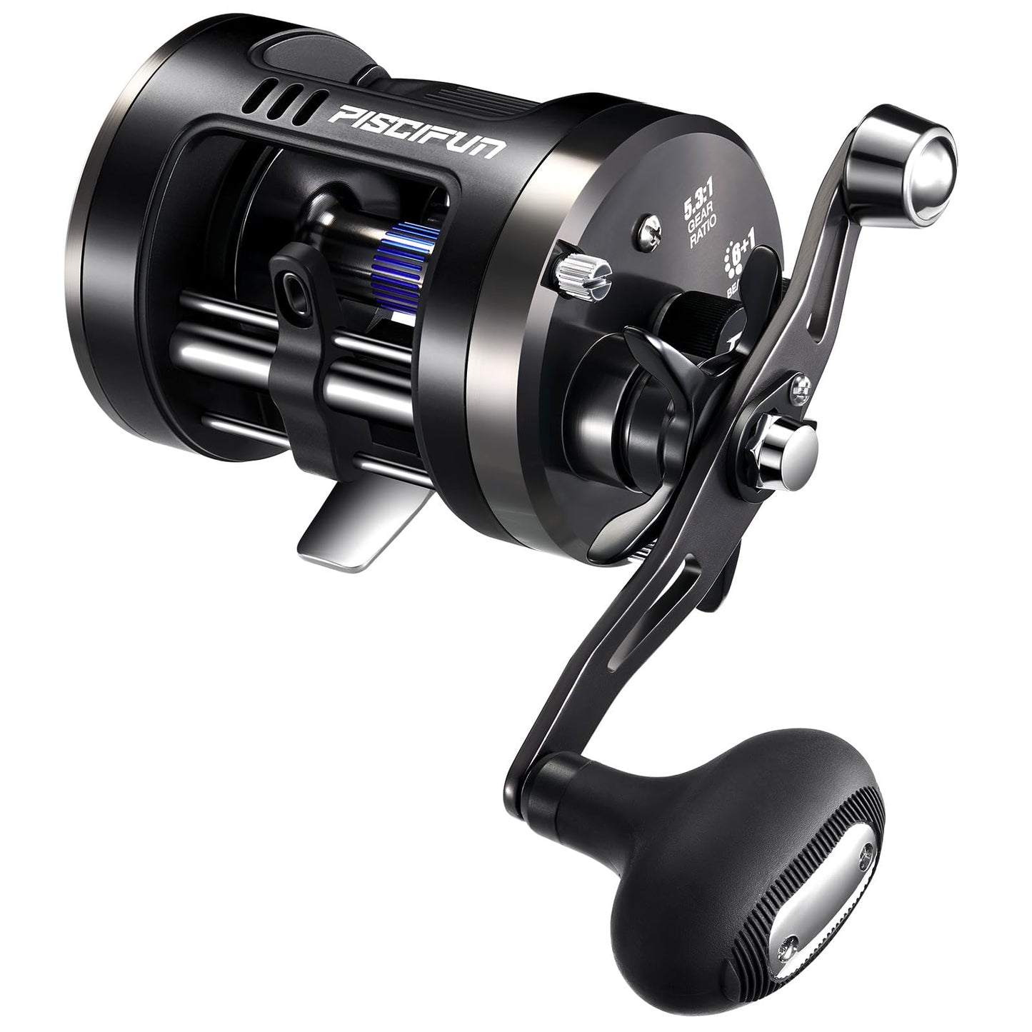 Piscifun Chaos Pro Baitcasting Fishing Reel, CNC Machined Aluminum Body Round Catfish Reel with 25LB Max Drag, Rolling Reel with Level Wind & Magnetic Braking for Lake & Saltwater, Black, Left Hand