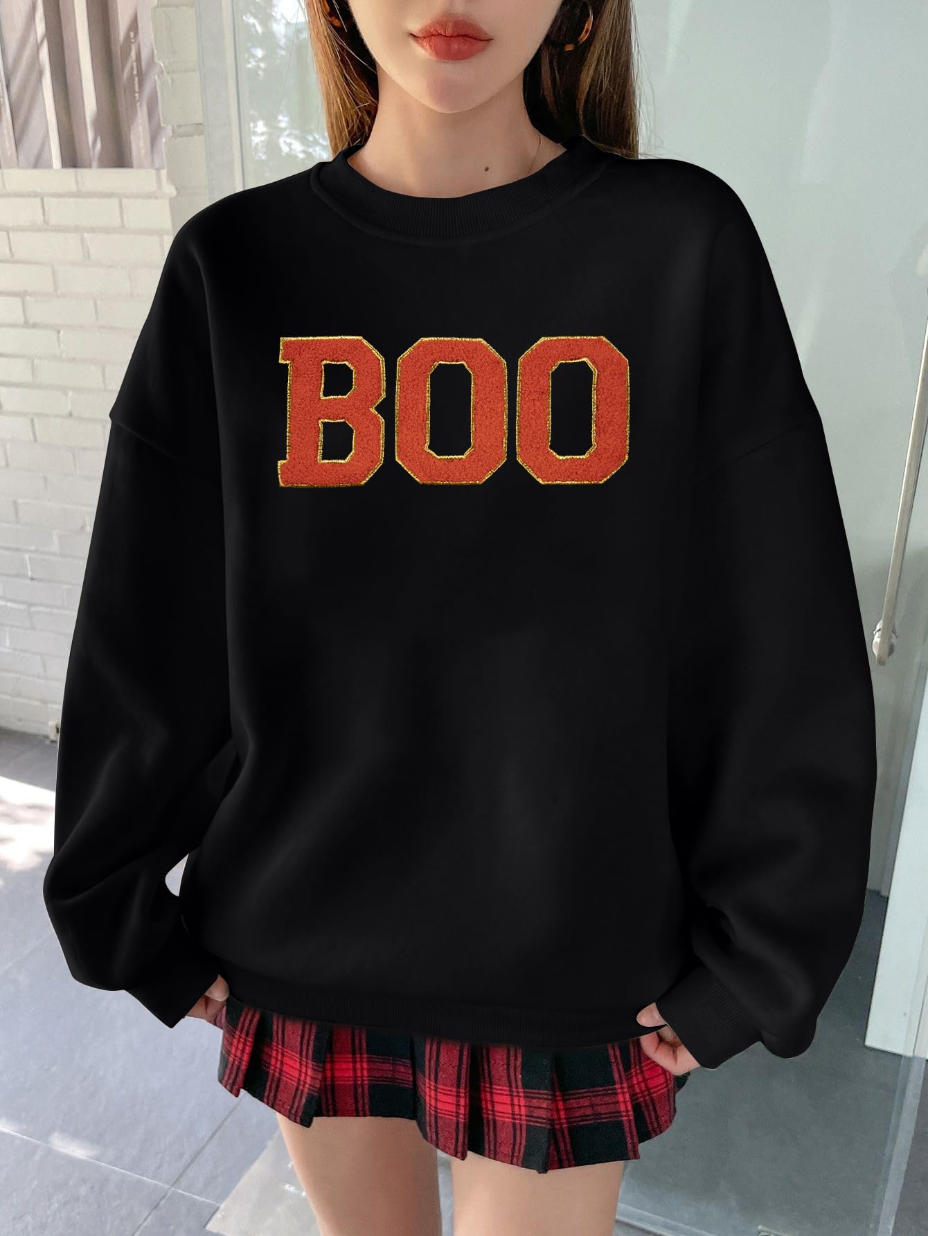 MYHALF Halloween Sweatshirt for Women Boo Embroidered Sweaters Cute Spooky Season Shirt Long Sleeve Fall Winter Pullover Tops Black