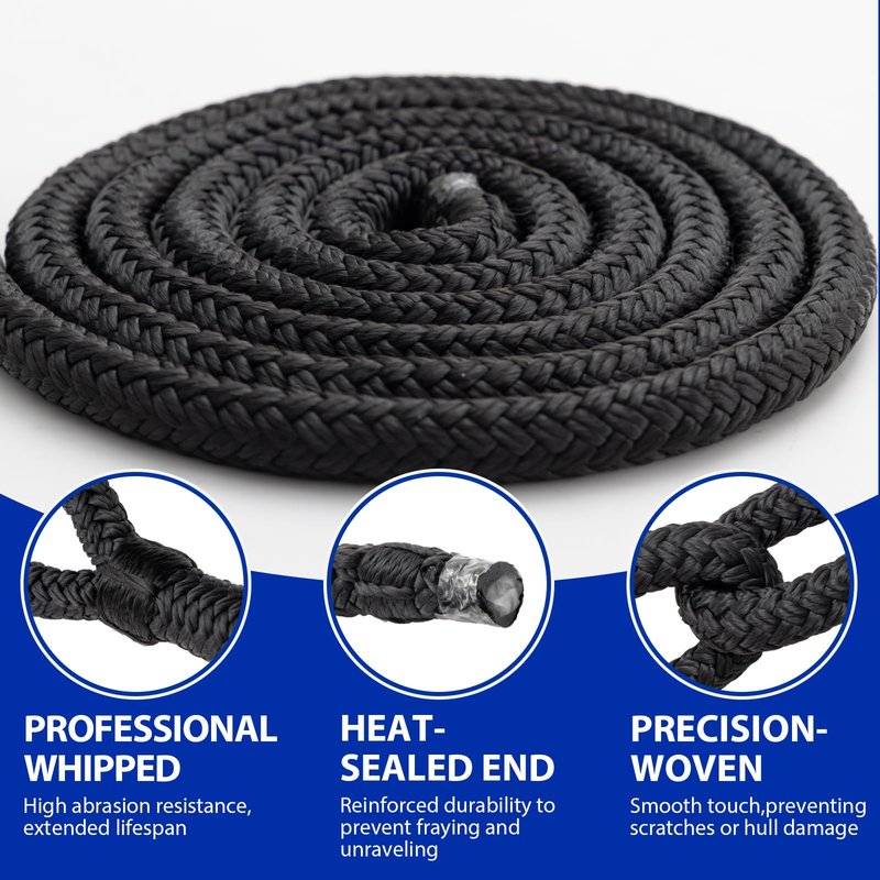 HOKINETY Boat Dock Fender Lines - 1/2" x 10ft Marine Rope with Pre-Spliced 6" Loop Double Braided Nylon Ropes Bumper Tie Mooring Line for Boats Docking Pontoon Boating Accessories - 4 Pack Black