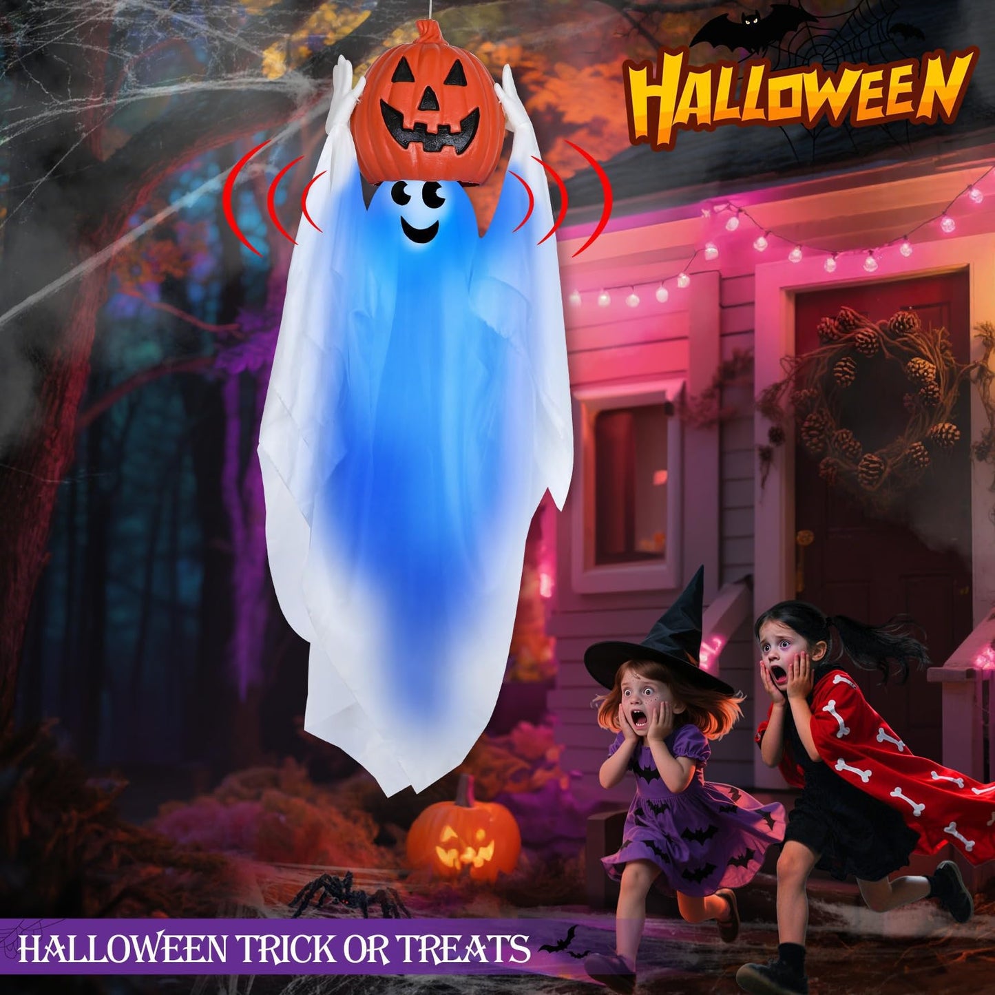 Sound Activated 43” Halloween Animatronics Hanging Ghost Holding Pumpkin, Hide-and-Seek Ghost with Blue Light & Creepy Sound for Halloween Decorations Outdoor, Yard Porch Party Haunted House