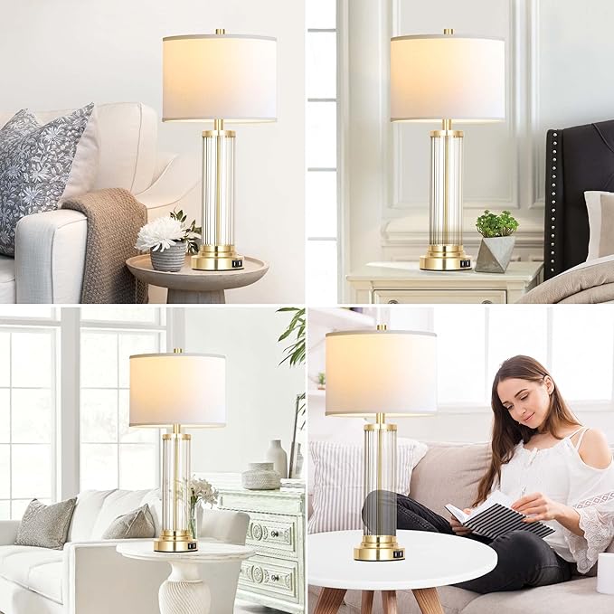 QiMH Touch Control Table Lamp Set of 2 with USB Ports, 3-Way Dimmable Nightstand Lamp with Fabric Cream Shade, Modern Bedside Lamp for Living Room Bedroom Reading, LED Bulbs Included