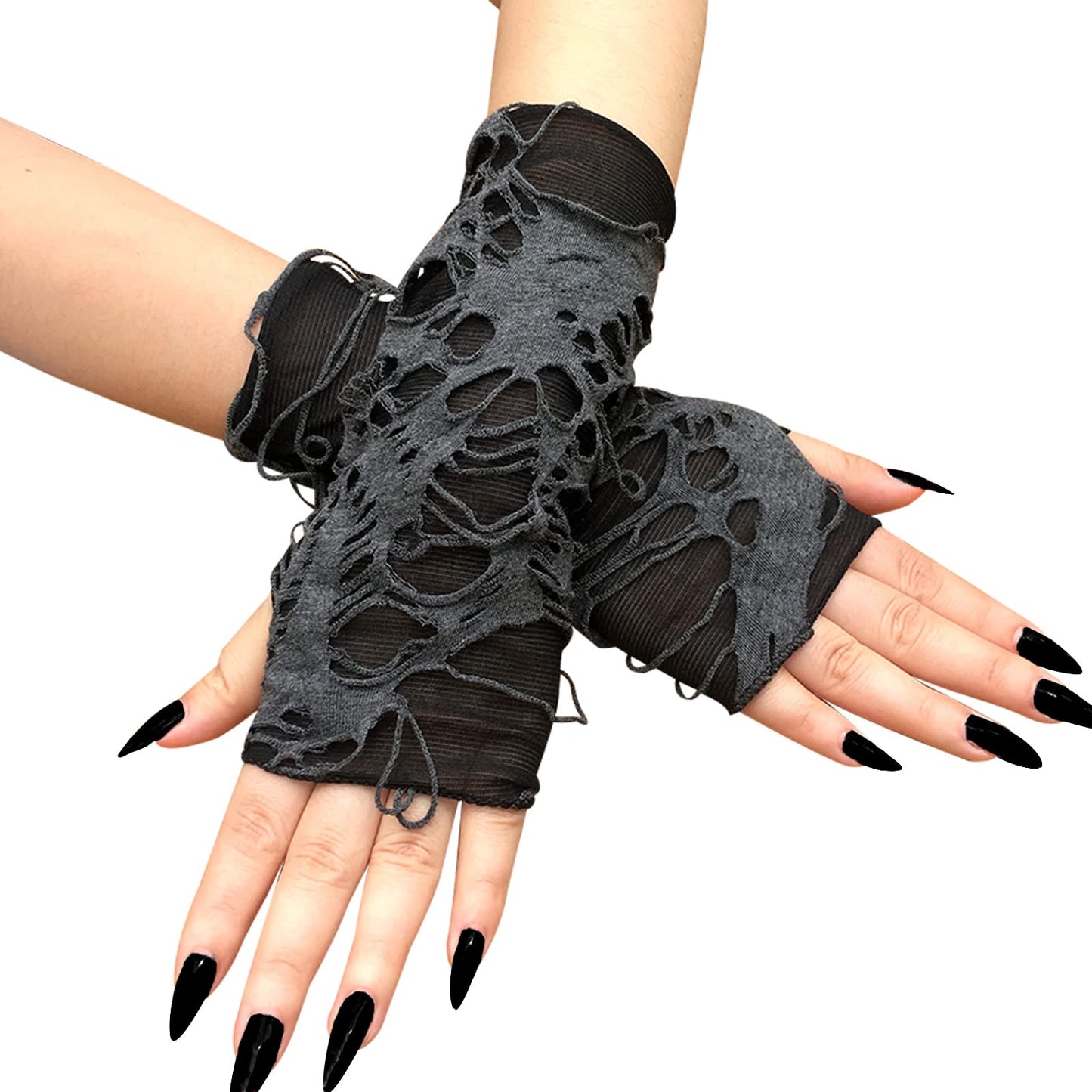JISEN Women Punk Fingerless Gloves Ripped Cosplay Gothic Mittens for Halloween Costume Party E-Black