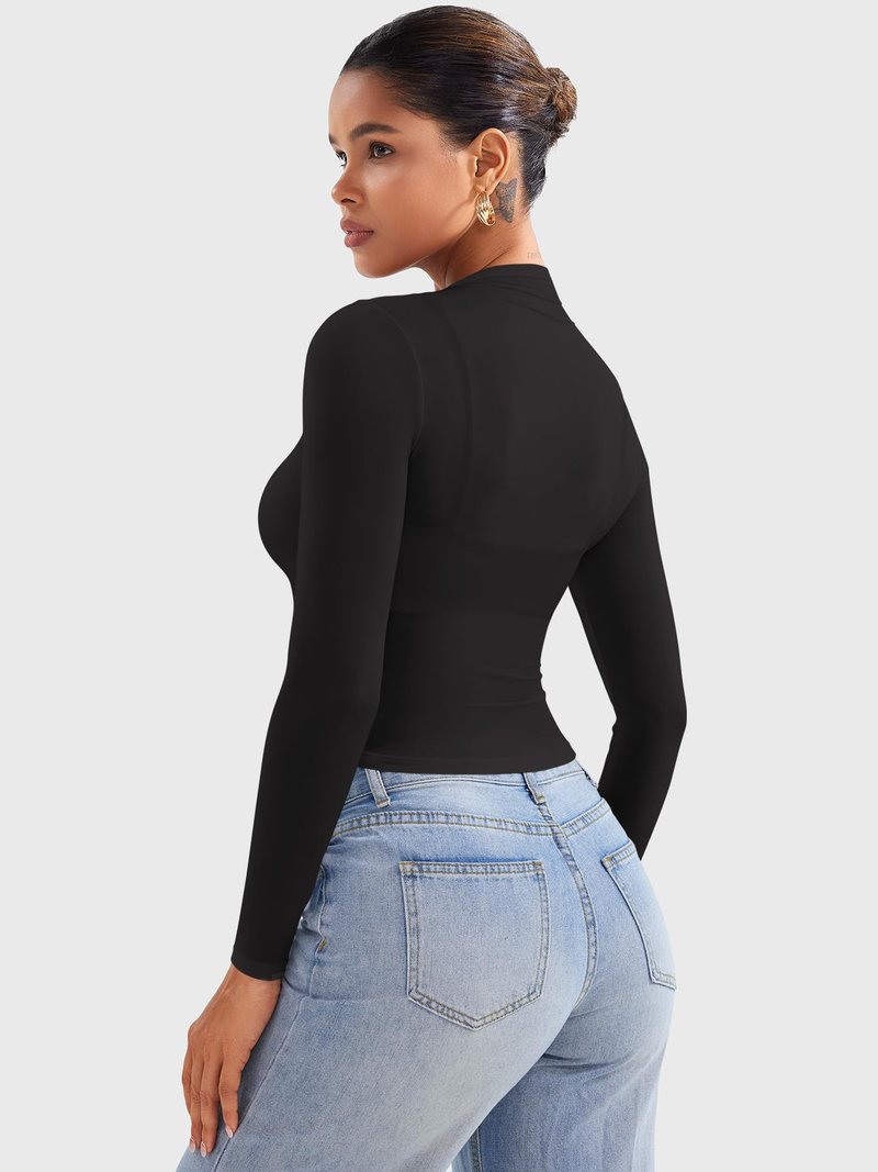 YEOREO Womens Sheer Tops Long Sleeve See Through Tops Mock Neck Slim Fit Workout Shirt Jamy Going Out Sexy Shirts Black M