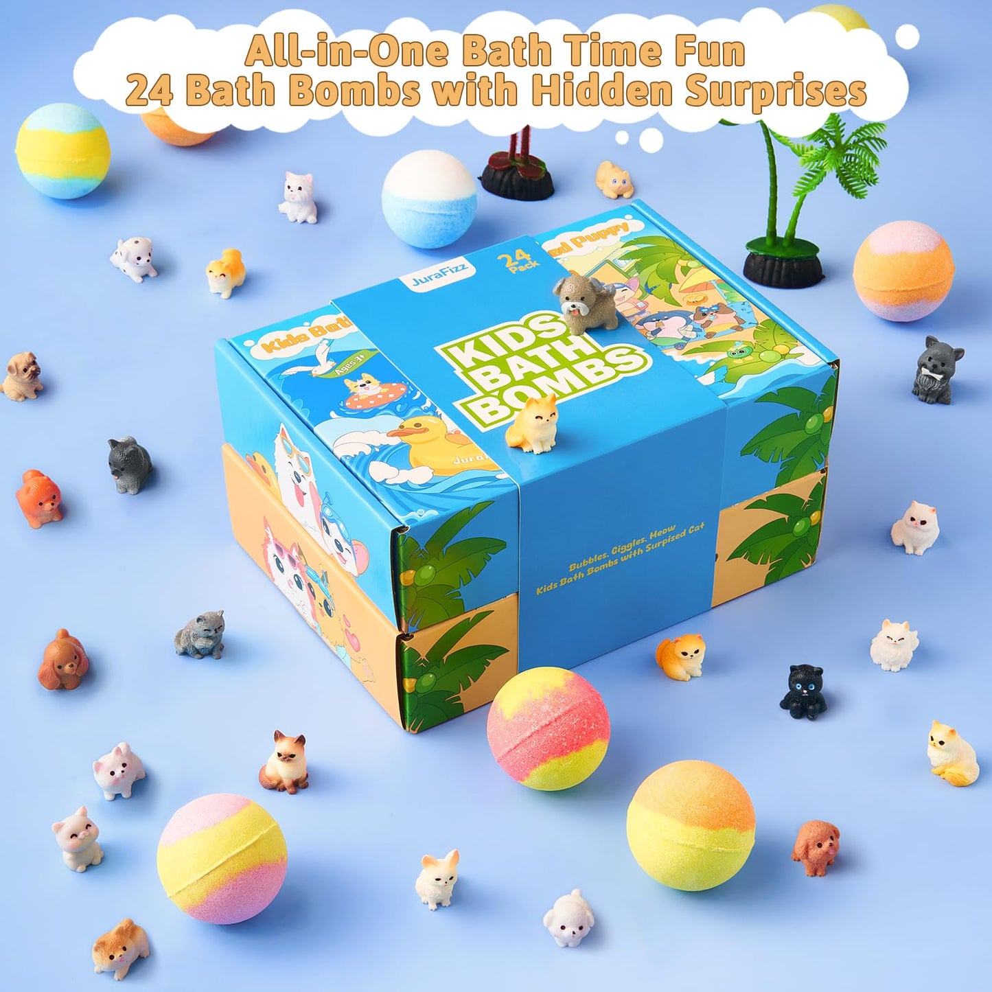 JuraFizz Bath Bombs for Kids with Surprise Inside, 24 Pack Kids BathBombs with Puppy & Cat Toys, Child-Safe Natural Bath Bombs with Toys Inside for Girls and Boys, Birthday Party Favors