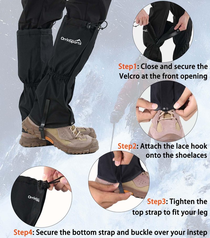 SnuYucto Black Waterproof Boot Gaiters M Adjustable Leg Cover for Hiking Boots Snow Mud Protection Lightweight Outdoor Gaiters for Trekking Backpacking Hunting Fishing Camping Mountaineering Gear