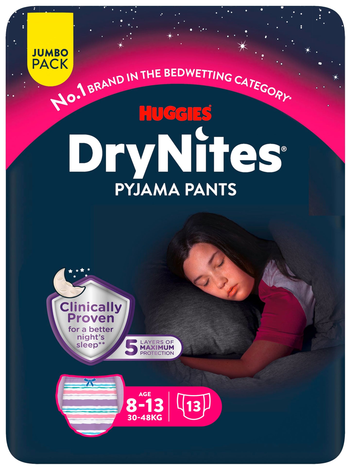 HUGGIES DryNites, Pyjama Pants, Girls 8-13 Years (30-48KG), 52 x Bedwetting Pants, up to 100% Leak Free Nights