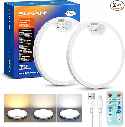 BLNAN Rechargeable Motion Sensor Ceiling Light with Remote, Battery Operated Ceiling Light, 3 Color Temperatures LED Shower Lights for Pantry, Stairs, Garage, Hallway, 2 Pack