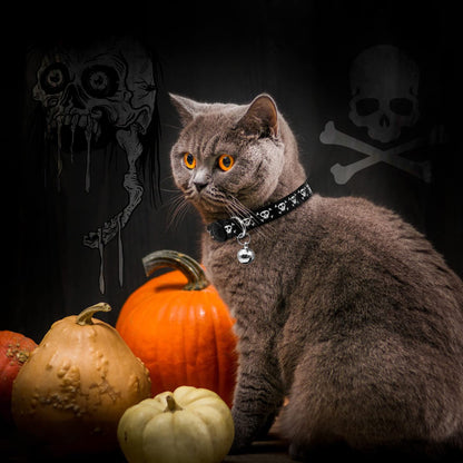 azuza 4 Pack Halloween Kitten Collar Breakaway,Quick Release Safe Buckle Adjustable Kitten Collars, Skull Crossbones, Crossbones, Pink Leopard and Blue Leopard