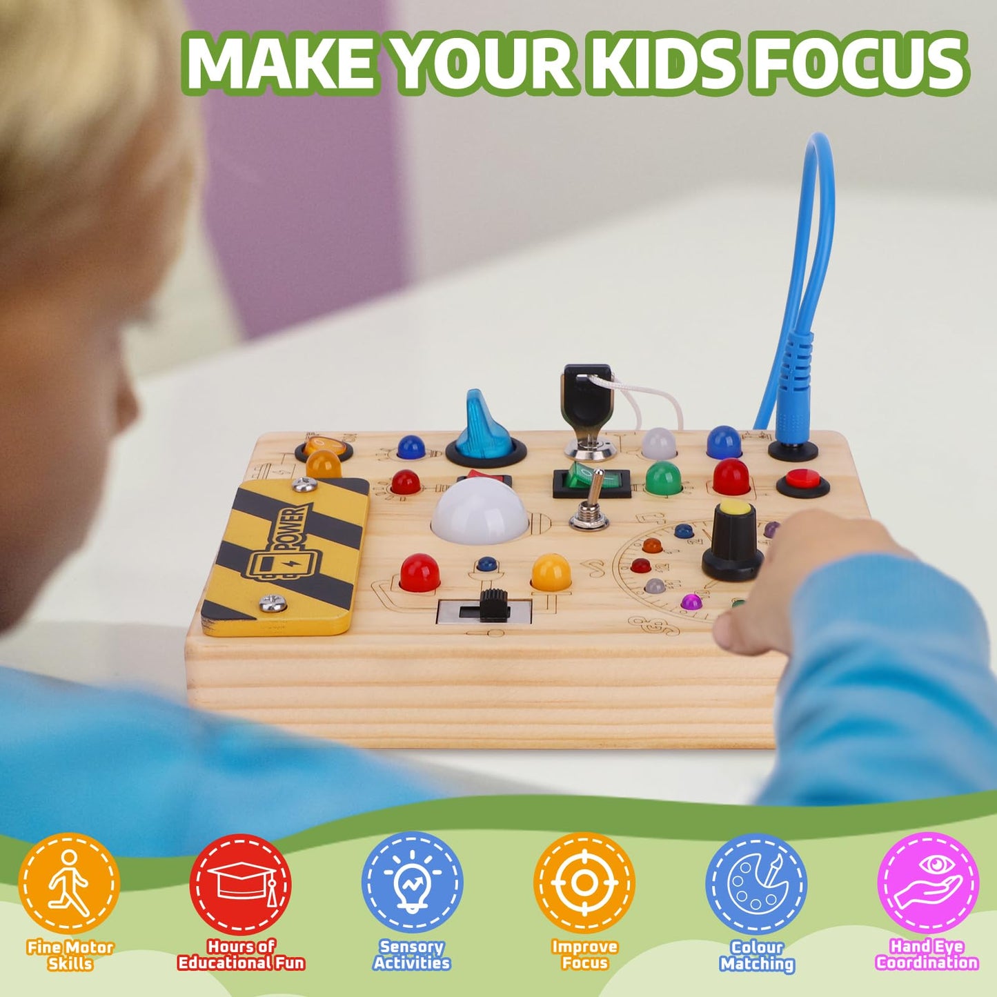 Konijiwa Toddler Toys Montessori Busy Board Toys for 1 2 3 Year old Boys Girls Wooden ToyS with With 10 Switches and 23 LED Lights Switch toy Sensory Learning Toys 1 2 Year old Baby Girls Boys Gifts