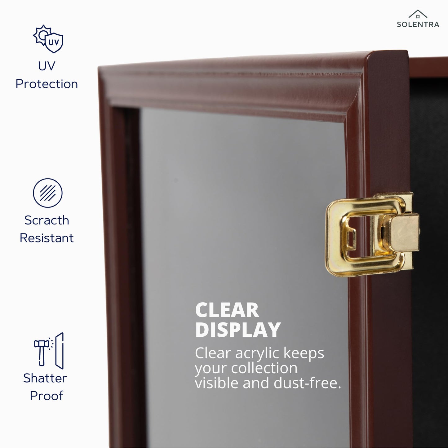 Solentra Pin Display Case – 19" X 14" Wooden Shadow Box Frame with Lockable Acrylic Door and Black Felt Backing for Enamel Pins, Badges & Medals