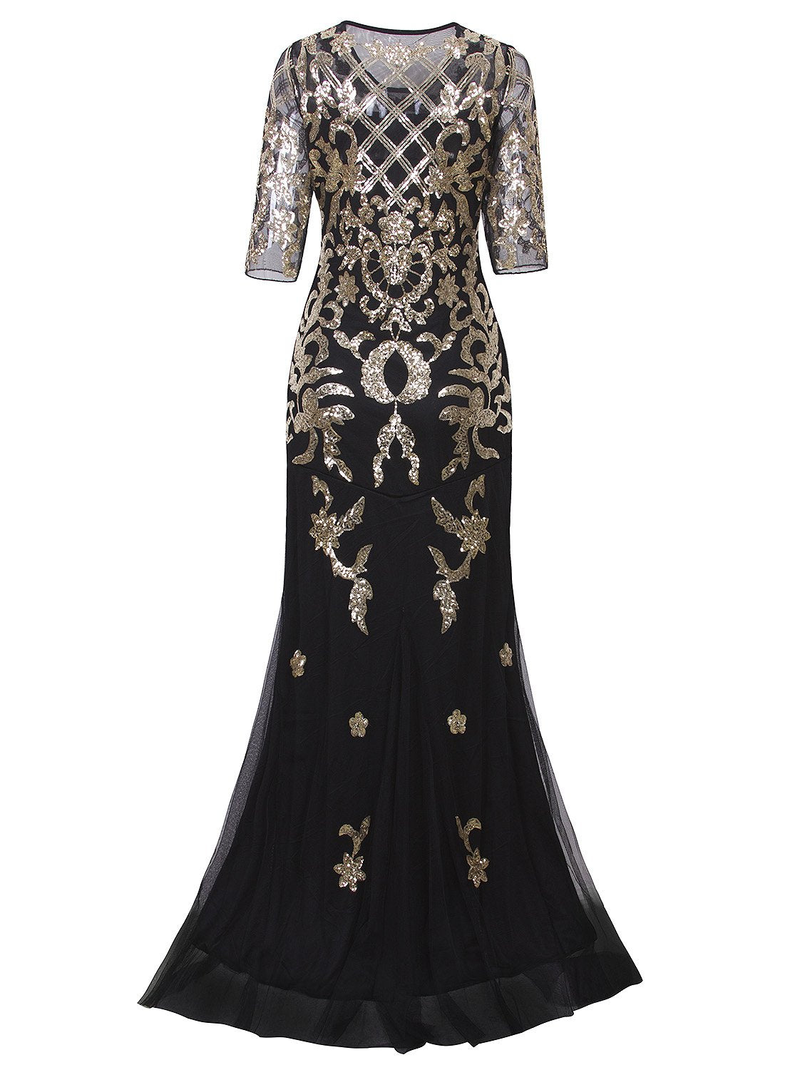 Vijiv Vintage 1920s Long Wedding Prom Dresses 2/3 Sleeve Sequin Party Evening Gown, Black/Gold, L