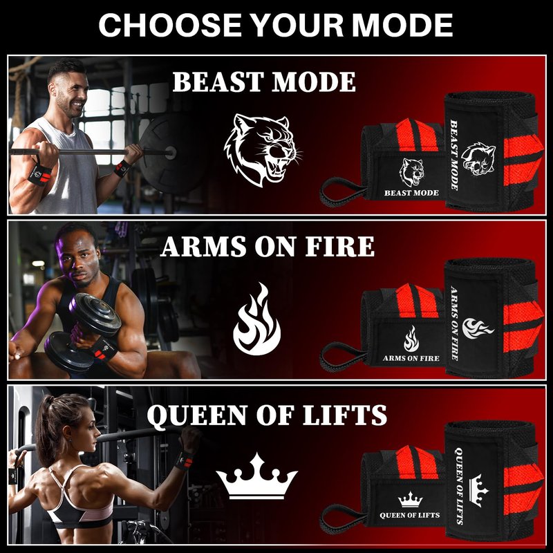 TECEUM Weightlifting Wrist Wraps with Thumb Loop – Black and Red – Arms on Fire – 18 inch – Heavy-Duty Workout Wrist Support & Protection – Ideal for Powerlifting, Strength Training, Bodybuilding