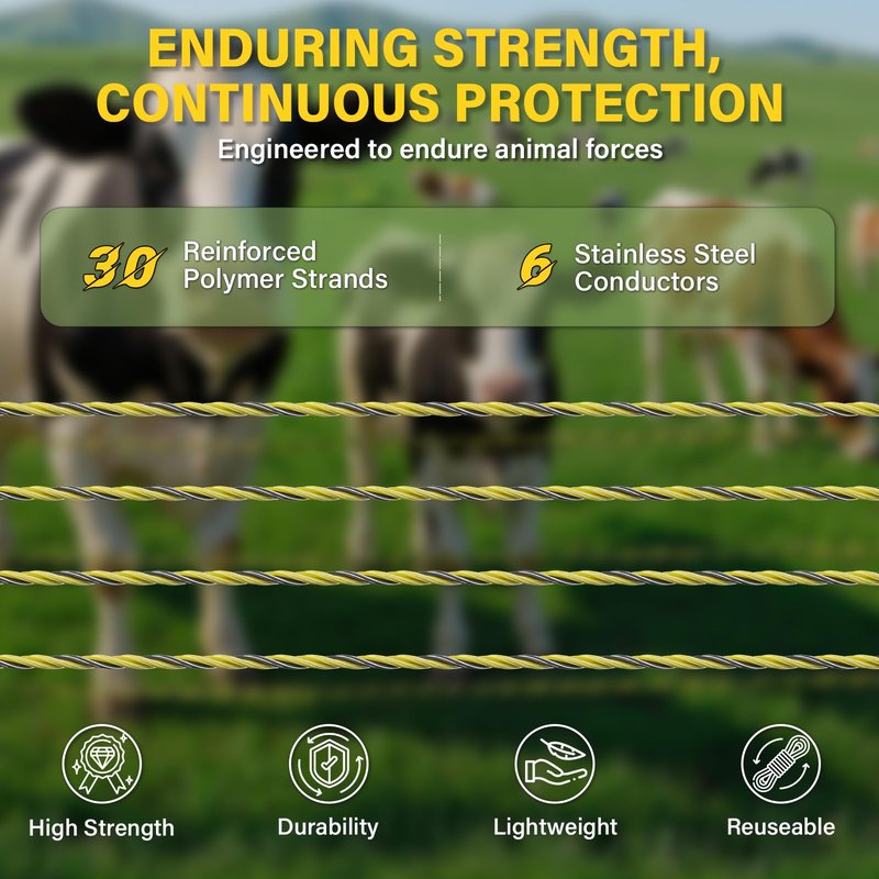 HOKINETY Electric Fence Wire 3366Ft 1026M- 6 Stainless Steel Strands Polywire for Reliable Conductivity - Electric Fence Poly Wire for Portable Livestock Fencing