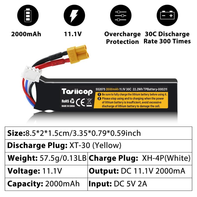 Tosiicop Airsoft Gel Blaster Battery - 11.1V 2000mAh Airsoft Lipo Batteries 3S for Water Bead Splat Ball Splatter XT-30 Plug with XH-4P Connector Rechargeable Charging Cable