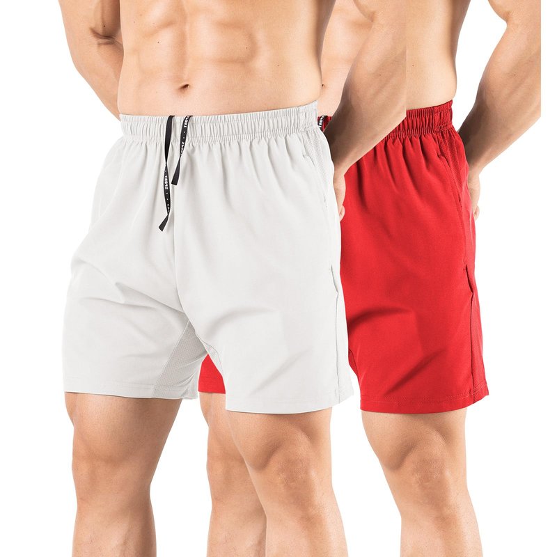Gaglg Men's 5" Running Shorts 2 Pack Quick Dry Athletic Workout Gym Shorts with Zipper Pockets White/Red,Medium
