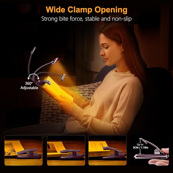 Gritin 19 LED Rechargeable Book Light for Reading in Bed with Memory Function- Eye Caring 3 Color Temperatures,Stepless Dimming Brightness,80 Hrs Runtime Clip on Light for Book Lovers-Dark Purple
