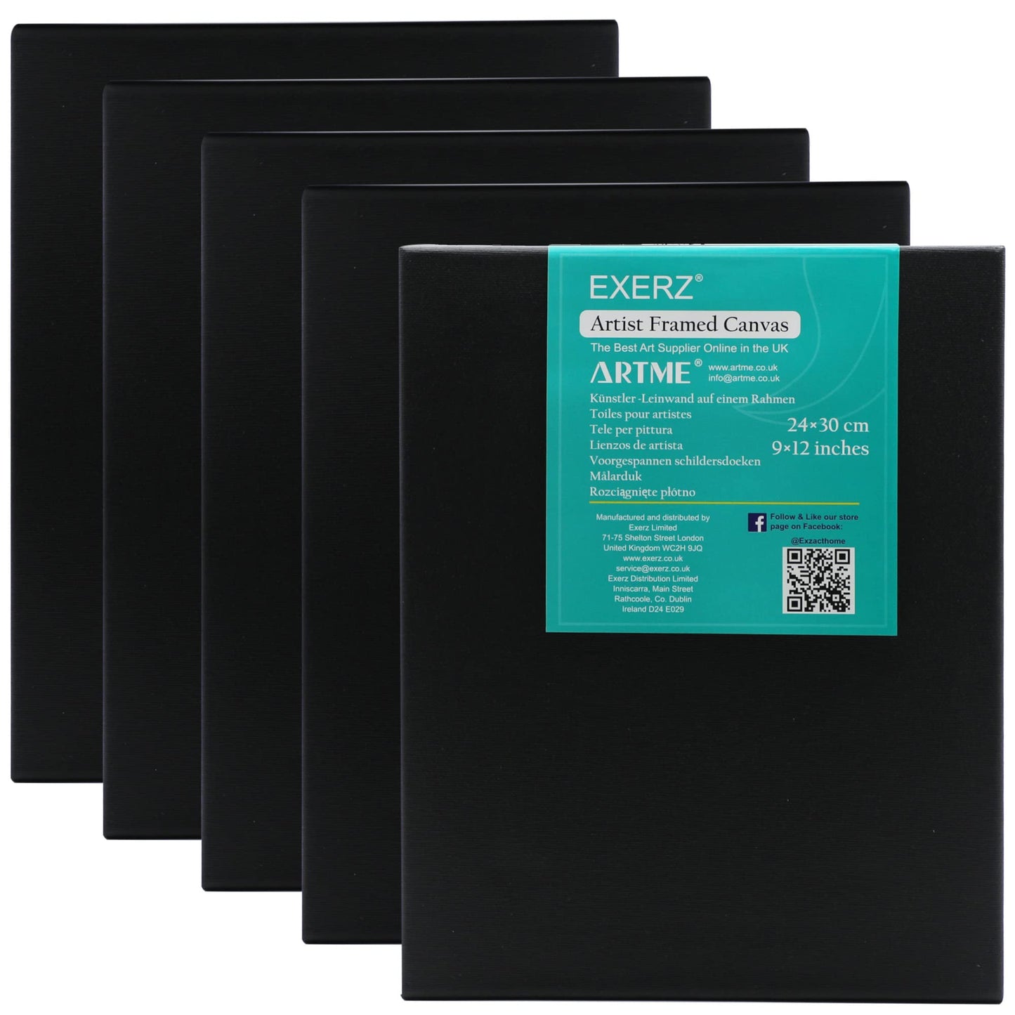 Exerz 24x30cm Black Stretched Canvas 5pk - Framed 1.7cm Pre-Stretched Artist Canvas - 280GSM 100% Cotton Triple Primed/Acid Free/Medium Grain - Acrylic & Oil Paint