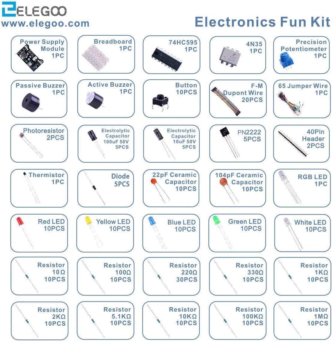 ELEGOO Electronic Fun Kit Bundle with Breadboard Cable Resistor, Capacitor, LED, Potentiometer total 235 Items for Arduino