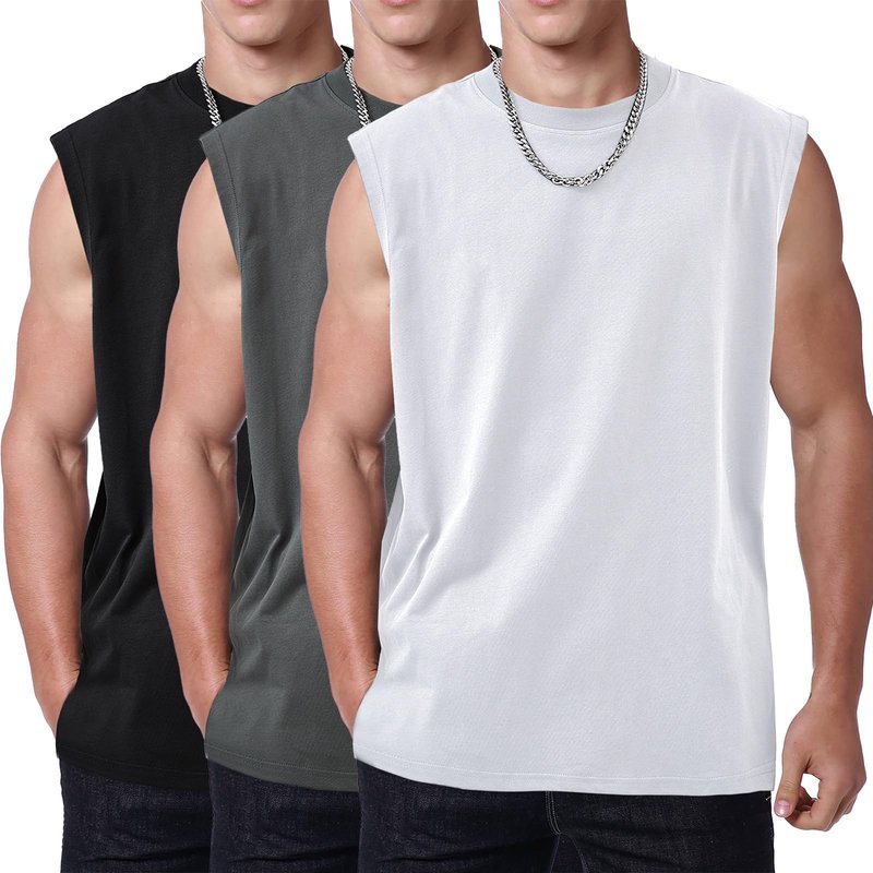 SnowElve 3 Pack Mens Workout Tank Tops Sleeveless Tee Shirts Men Muscle Shirt Gym Cotton T Shirts Running Beach Loose Fit Tee（XZG,BKGYWT,S