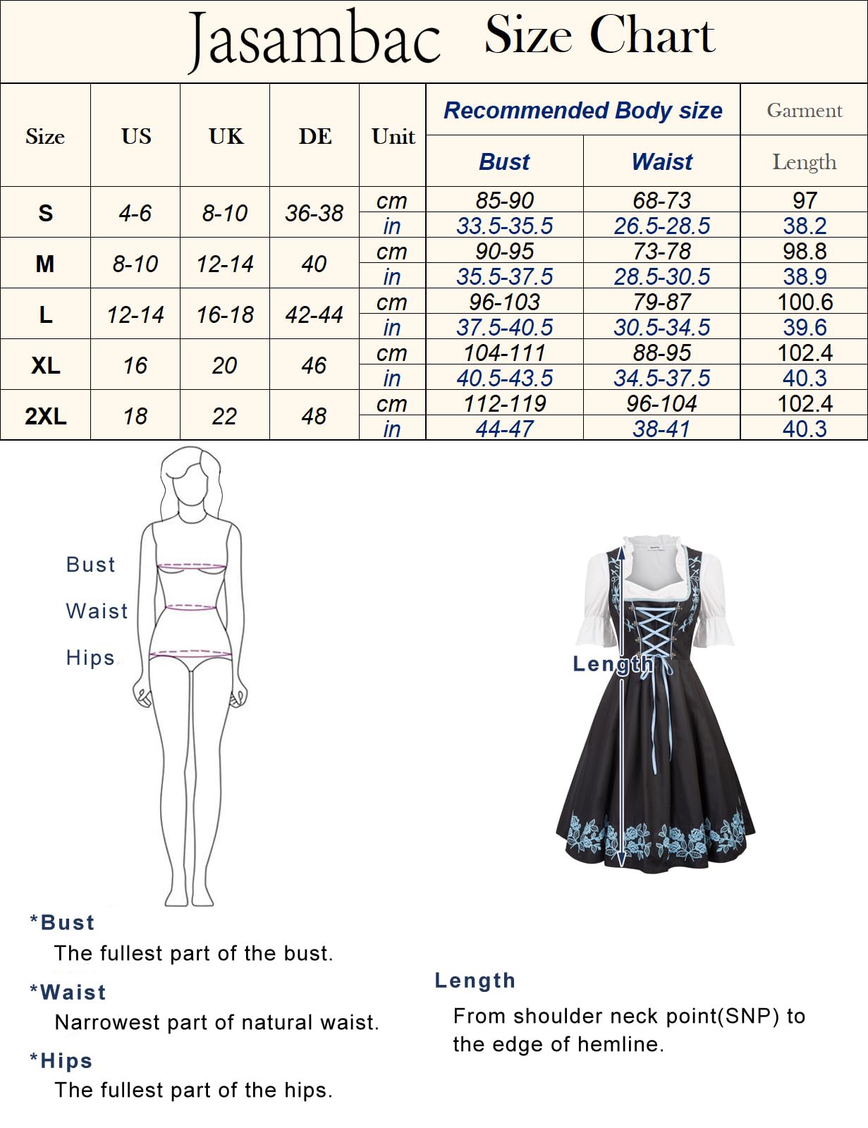 JASAMBAC Women's German Dirndl Dress for Halloween Beer Costumes Size M Color Black