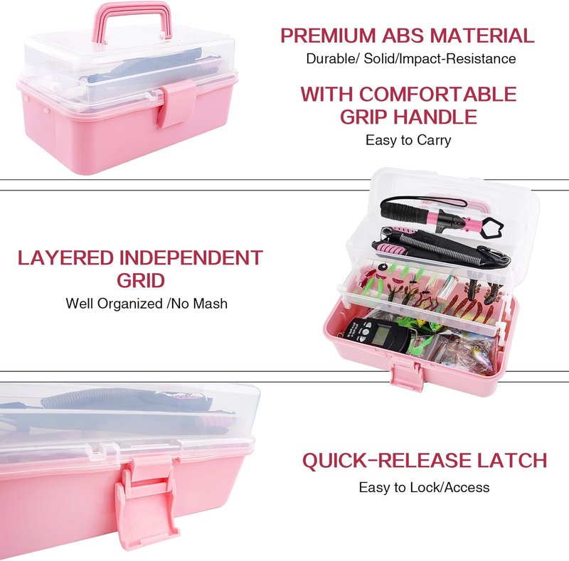 3-Layer Fishing Tackle Box - Complete Fishing Tools Kit with Pliers, Gripper & Baits | Pink Color