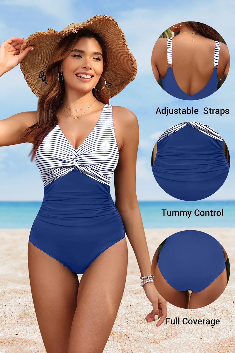 Holipick Blue Striped Women Tummy Control One Piece Swimsuit - Push Up Bathing Suit Full Coverage Slimming Swimwear S